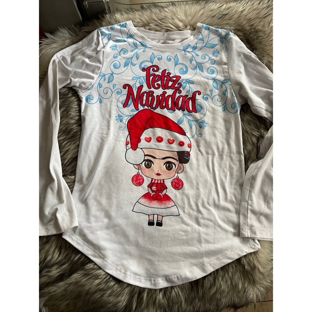 Feliz Navidad Frida Kahlo Cartoon Girls White Shirt Long Sleeve Size XI 10/12